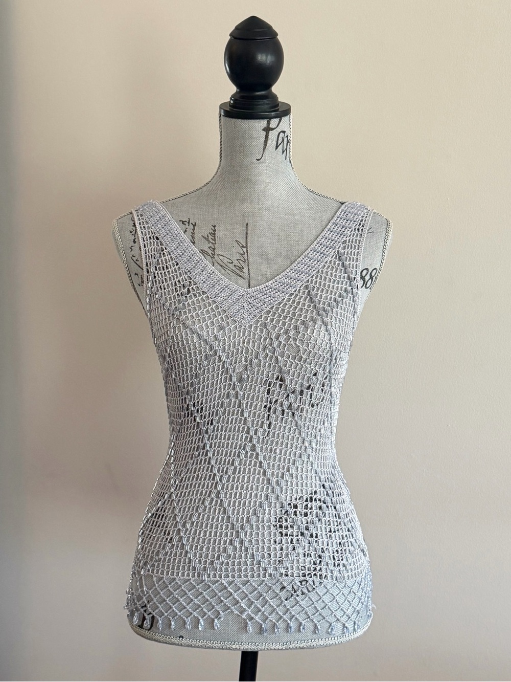 Vintage Y2K Silver Crochet Knit Tank Top | Metallic Festival Boho XS
